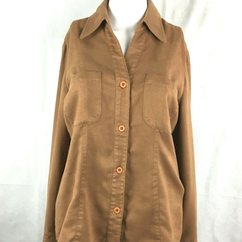 Marisa Minicucci Shirt Womens‎ Sz 6 Brown Faux Suede Long Sleeve Button Up